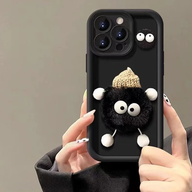 For iPhone 15 Pro Max Case 3D Fluffy Briquette Doll TPU Phone Cover - Black