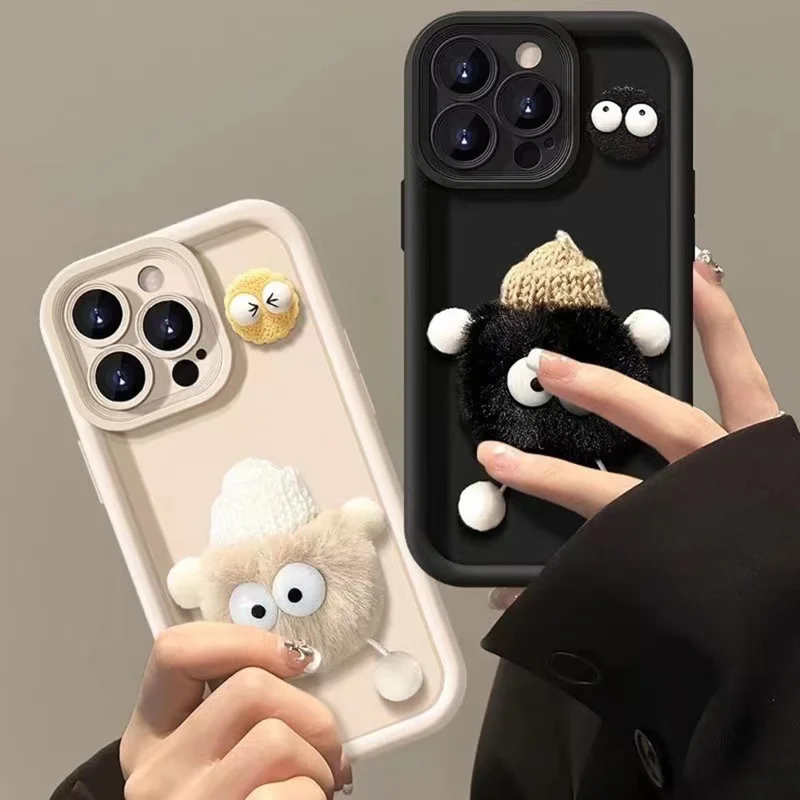 For iPhone 15 Pro Max Case 3D Fluffy Briquette Doll TPU Phone Cover - Black