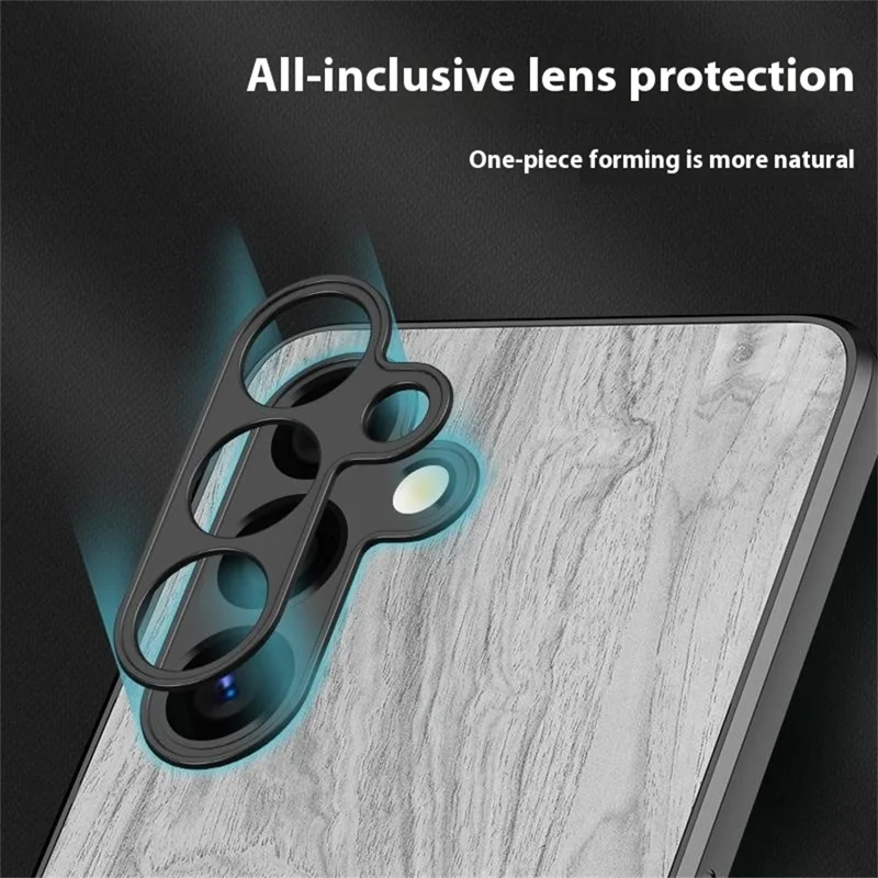 For Samsung Galaxy A55 5G Case Wood Texture Leather Coated TPU Phone Protective Cover - Grey