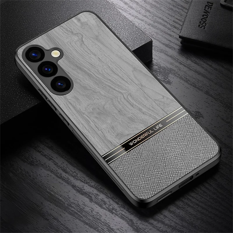 For Samsung Galaxy A55 5G Case Wood Texture Leather Coated TPU Phone Protective Cover - Grey