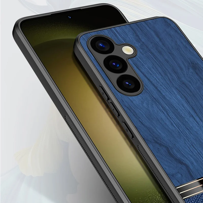 For Samsung Galaxy A55 5G Case Wood Texture Leather Coated TPU Phone Protective Cover - Grey