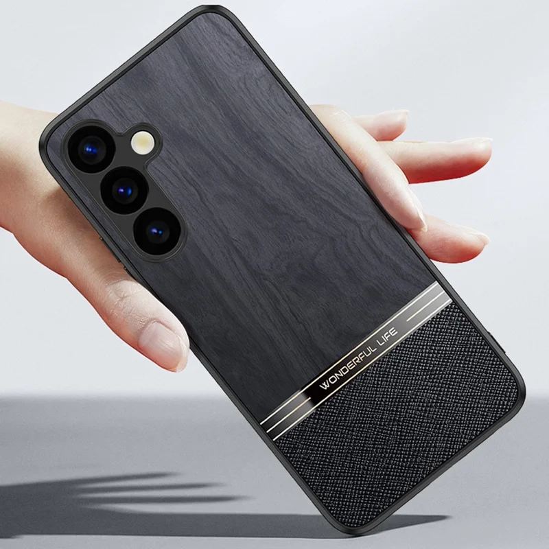 For Samsung Galaxy A55 5G Case Wood Texture Leather Coated TPU Phone Protective Cover - Grey