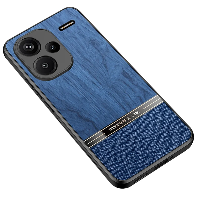 For Xiaomi Redmi Note 13 Pro+ 5G Case Wood Texture Leather Coated TPU Phone Protective Cover - Blue