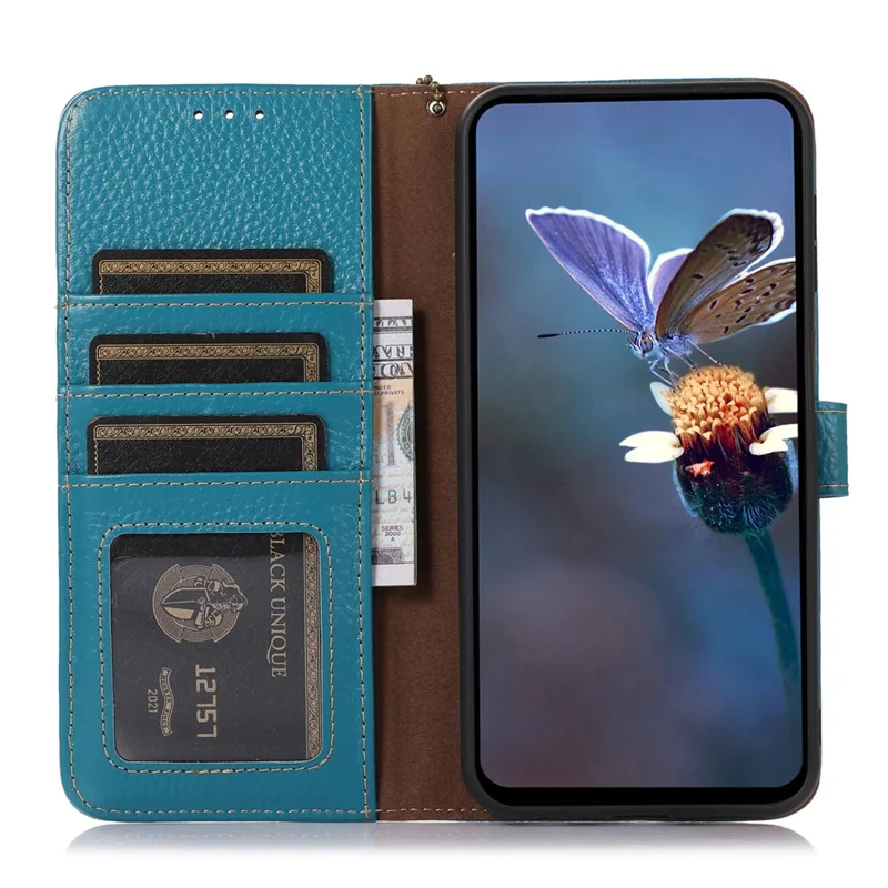 Samsung Galaxy S25 Ultra-hoesje met RFID-blokkering en litchi-structuur van echt leer - Blauw