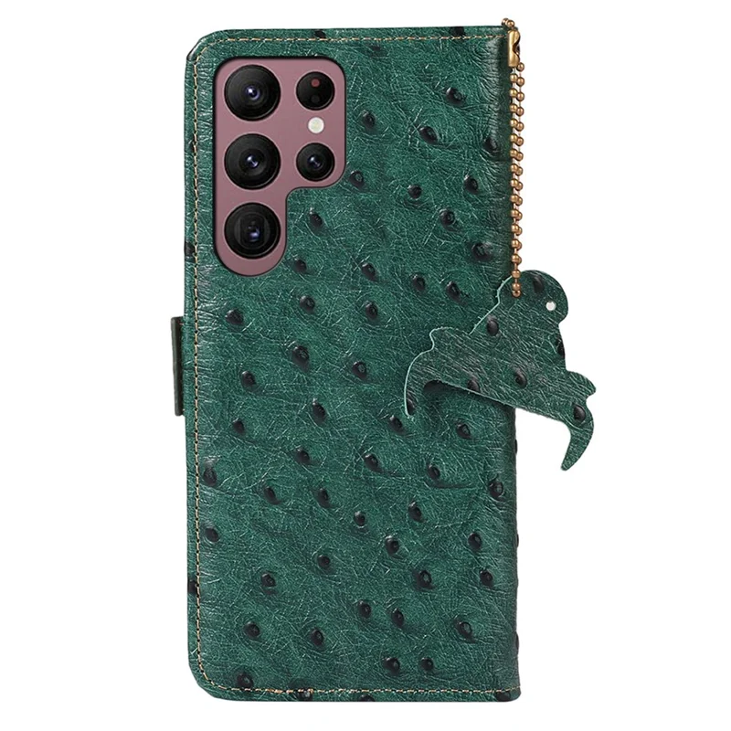 Samsung Galaxy S25 Ultra-hoesje met RFID-blokkering van echt leer met struisvogelpatroon - Groen