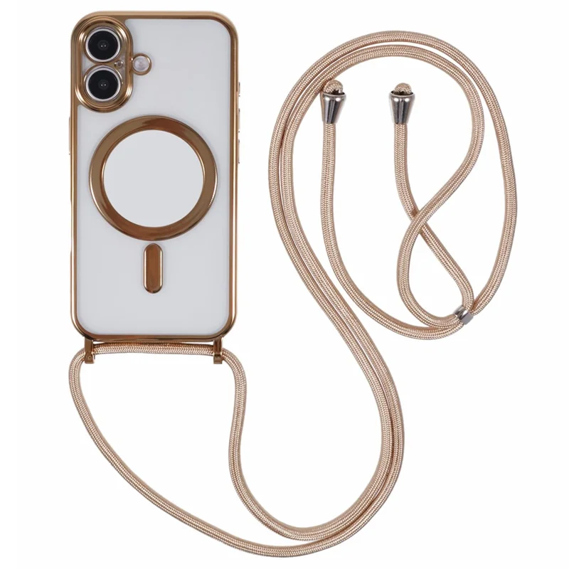For iPhone 16 Case Compatible with MagSafe Electroplating TPU Cellphone Protector with Long Lanyard - Gold