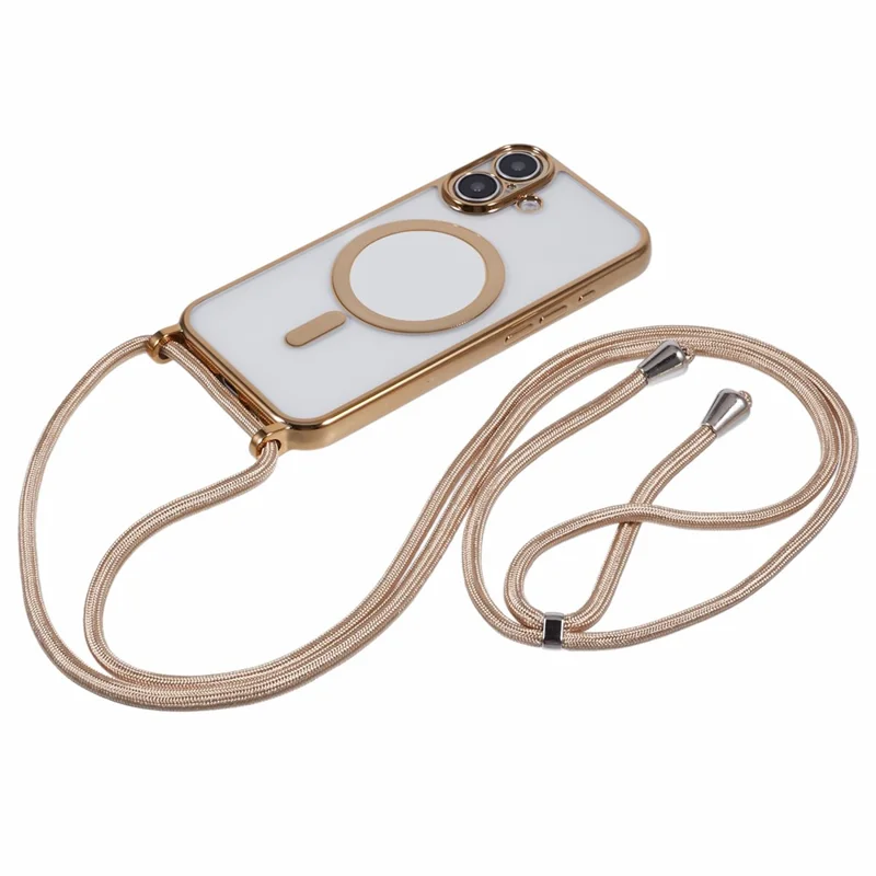 For iPhone 16 Case Compatible with MagSafe Electroplating TPU Cellphone Protector with Long Lanyard - Gold