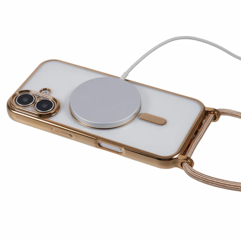 For iPhone 16 Case Compatible with MagSafe Electroplating TPU Cellphone Protector with Long Lanyard - Gold