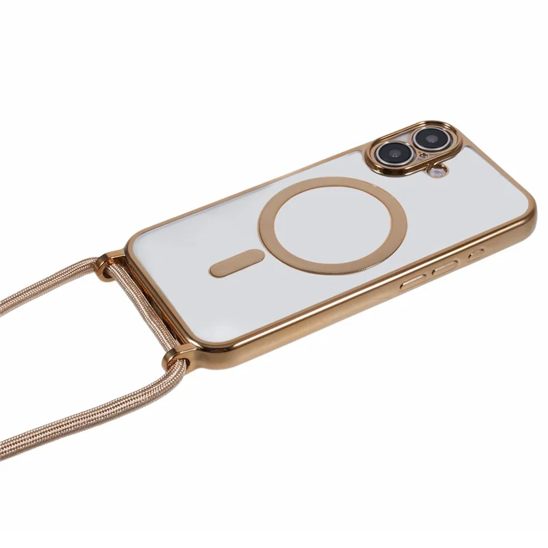 For iPhone 16 Case Compatible with MagSafe Electroplating TPU Cellphone Protector with Long Lanyard - Gold