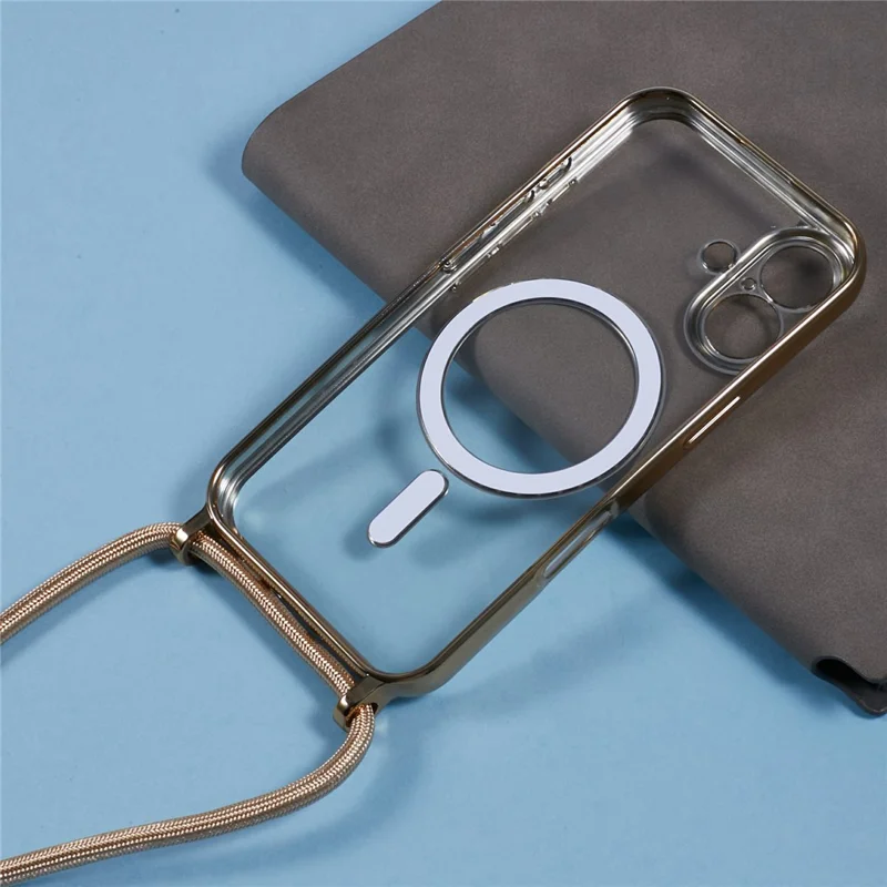 For iPhone 16 Case Compatible with MagSafe Electroplating TPU Cellphone Protector with Long Lanyard - Gold