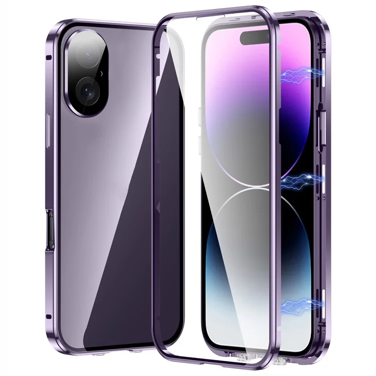 For iPhone 16 Plus Case Magnetic Adsorption Double Sides Tempered Glass+Metal Phone Cover with Buckle - Purple