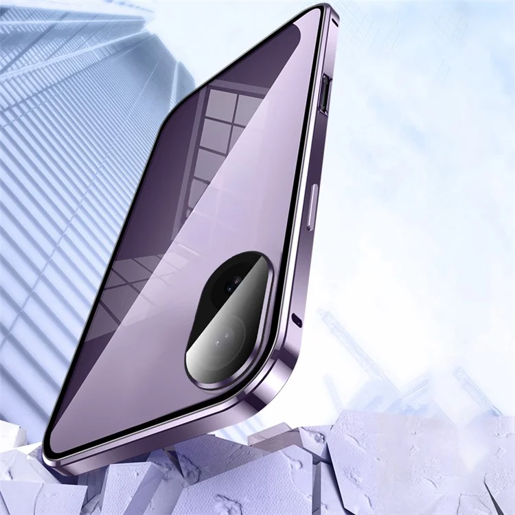 For iPhone 16 Plus Case Magnetic Adsorption Double Sides Tempered Glass+Metal Phone Cover with Buckle - Purple