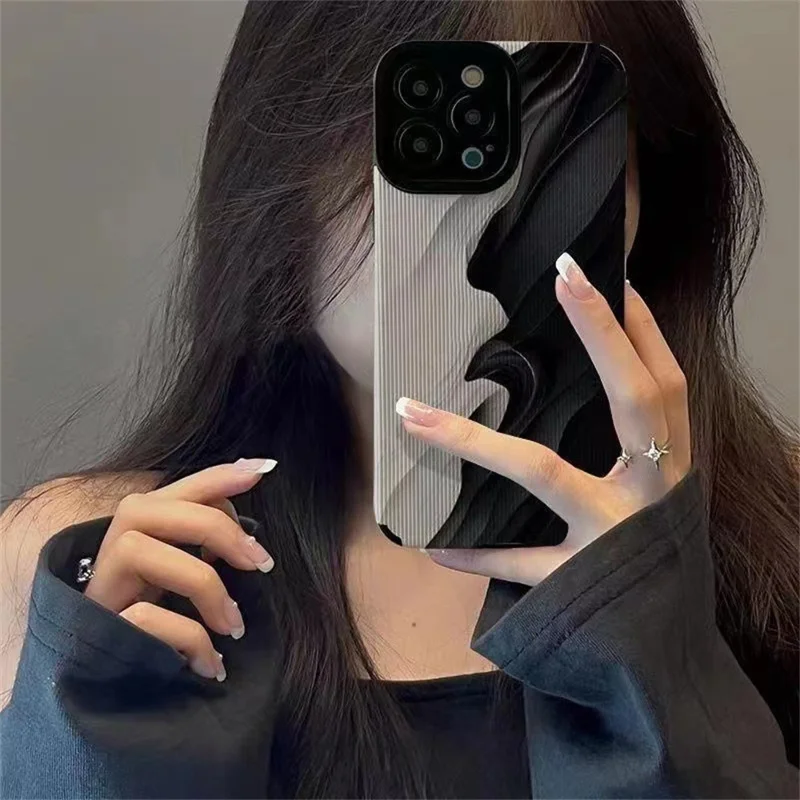 Pour Iphone 15 Pro Case Unique Wave Design pu Leather + Tpu Téléphone