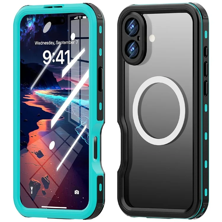 REDPEPPER D-UP Series For iPhone 16 Plus Case IP68 Waterproof Clear Back Panel Phone Cover Compatible with MagSafe - Blue