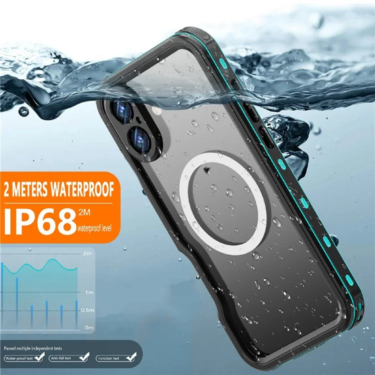 REDPEPPER D-UP Series For iPhone 16 Plus Case IP68 Waterproof Clear Back Panel Phone Cover Compatible with MagSafe - Blue