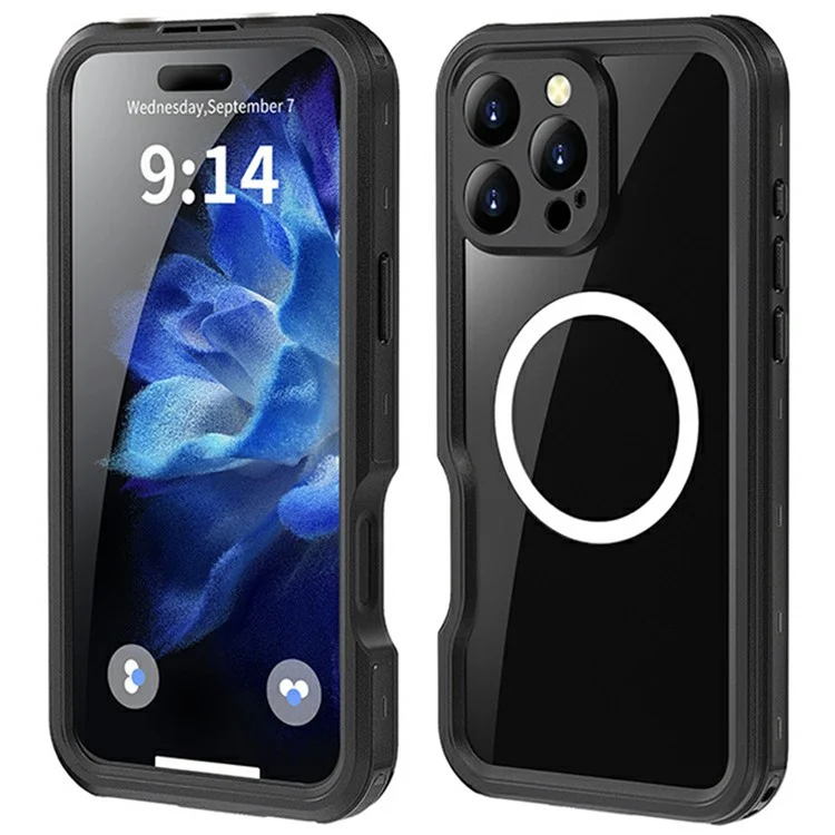 REDPEPPER Série D-UP Para iPhone 16 Pro Max Capa IP68 Resistente à Água Painel Traseiro Transparente Capa de Telefone Compatível com MagSafe - Preto
