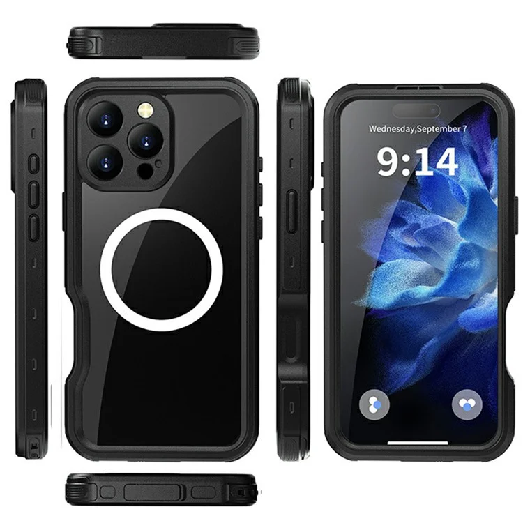 REDPEPPER Série D-UP Para iPhone 16 Pro Max Capa IP68 Resistente à Água Painel Traseiro Transparente Capa de Telefone Compatível com MagSafe - Preto
