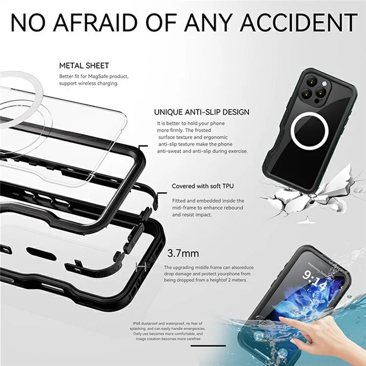 REDPEPPER Série D-UP Para iPhone 16 Pro Max Capa IP68 Resistente à Água Painel Traseiro Transparente Capa de Telefone Compatível com MagSafe - Preto