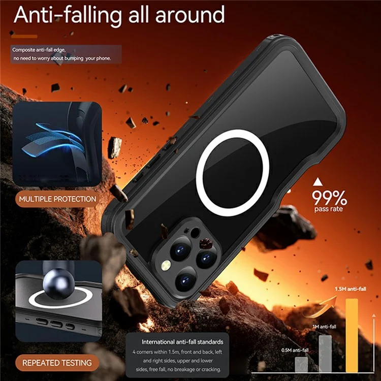 REDPEPPER Série D-UP Para iPhone 16 Pro Max Capa IP68 Resistente à Água Painel Traseiro Transparente Capa de Telefone Compatível com MagSafe - Preto