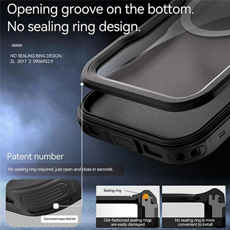 REDPEPPER Série D-UP Para iPhone 16 Pro Max Capa IP68 Resistente à Água Painel Traseiro Transparente Capa de Telefone Compatível com MagSafe - Preto