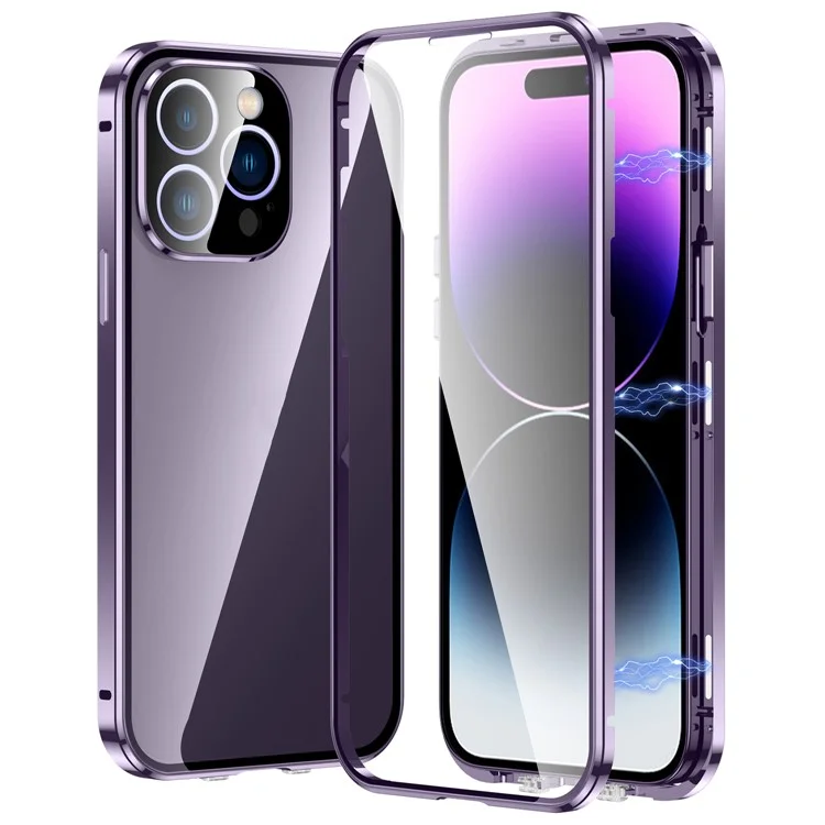 Per iPhone 16 Pro Case Magnetic Adsorption Double Sides Tempered Glass+Metal Phone Cover with Buckle - Viola