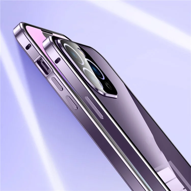 Per iPhone 16 Pro Case Magnetic Adsorption Double Sides Tempered Glass+Metal Phone Cover with Buckle - Viola