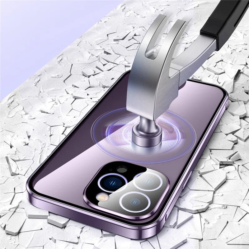 For iPhone 16 Pro Max Case Magnetic Adsorption Double Sides Tempered Glass+Metal Phone Cover with Buckle - Silver