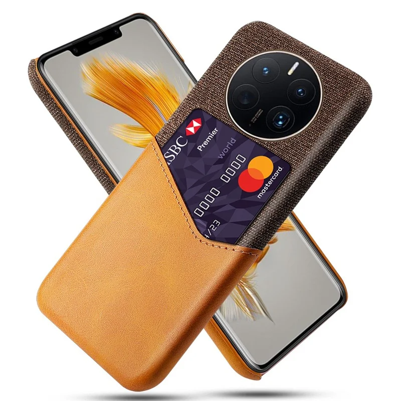 For Huawei Mate 50 Pro 4G Phone Case PU Leather Card Holder Design Cloth + Hard PC Phone Case Anti-Drop Protective Cover - Orange