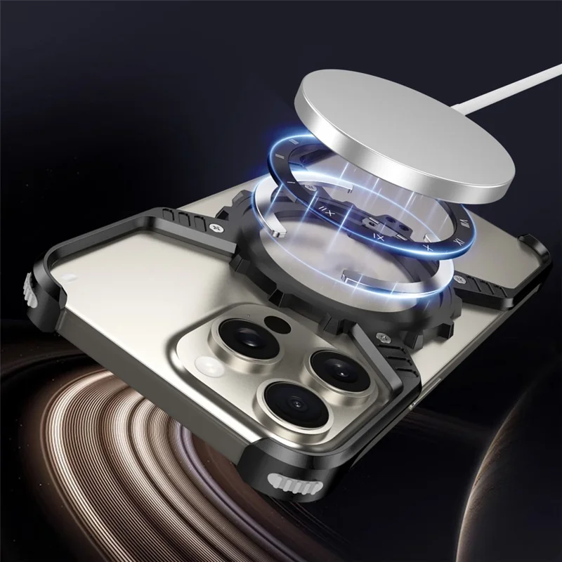 For iPhone 15 Pro Max  /  14 Pro Max  /  13 Pro Max Case Magnetic Kickstand Aluminum Alloy+PC Bumper Phone Cover Heat Dissipation - Desert Gold