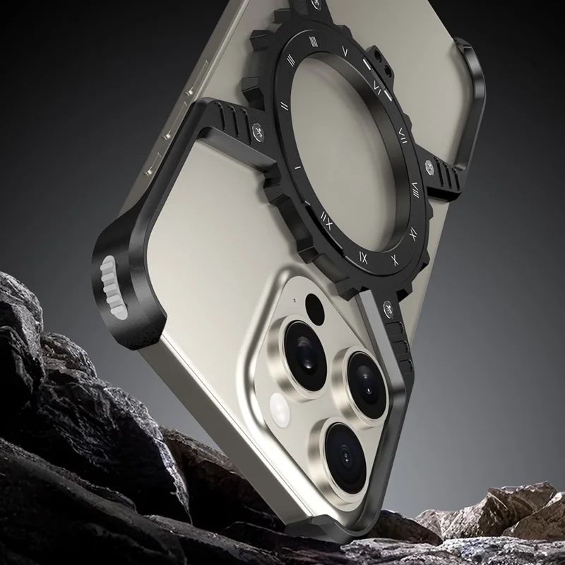 For iPhone 15 Pro Max  /  14 Pro Max  /  13 Pro Max Case Magnetic Kickstand Aluminum Alloy+PC Bumper Phone Cover Heat Dissipation - Desert Gold