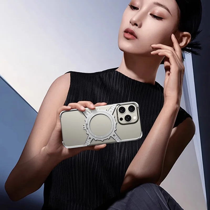 For iPhone 15 Pro Max  /  14 Pro Max  /  13 Pro Max Case Magnetic Kickstand Aluminum Alloy+PC Bumper Phone Cover Heat Dissipation - Desert Gold