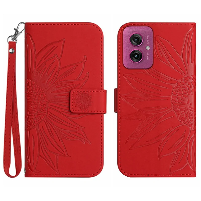 HT04 Pour Motorola Moto G55 5G Étui de Tournesol Imprimer en Cuir Portefeuille Couvercle de Téléphone Avec Bracelet de Poignet - Rouge