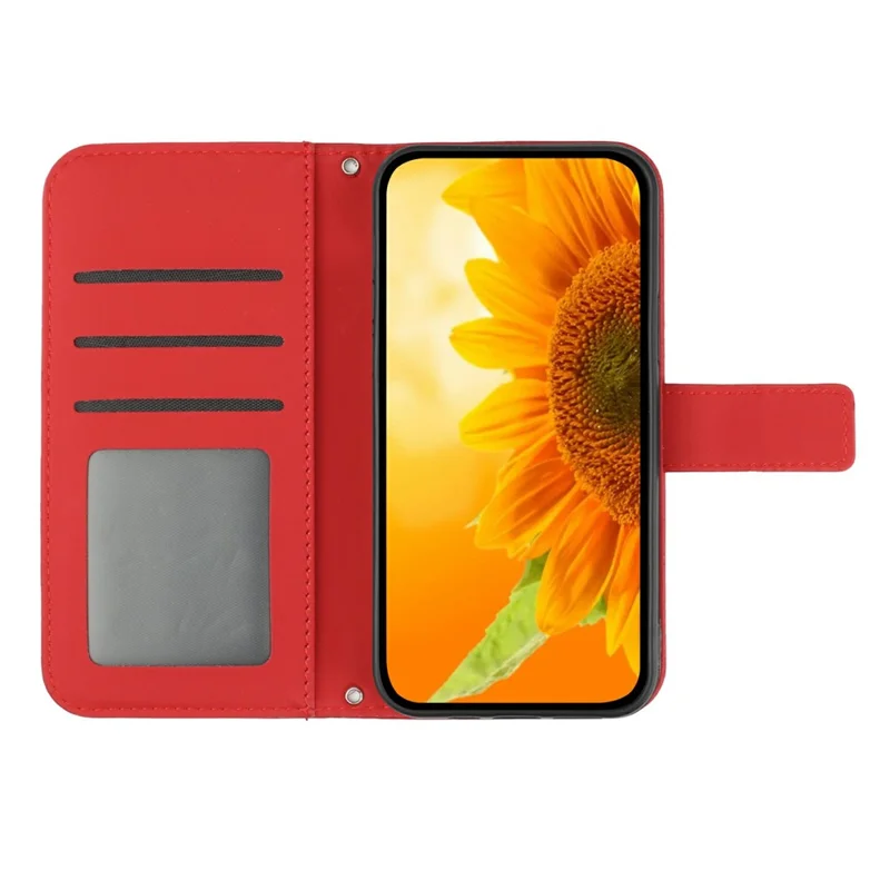 HT04 Pour Motorola Moto G55 5G Étui de Tournesol Imprimer en Cuir Portefeuille Couvercle de Téléphone Avec Bracelet de Poignet - Rouge