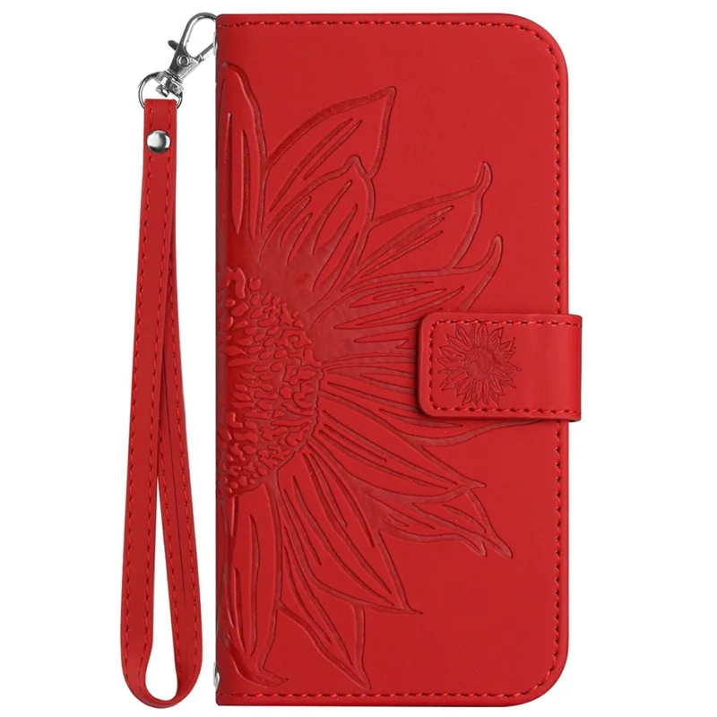 HT04 Pour Motorola Moto G55 5G Étui de Tournesol Imprimer en Cuir Portefeuille Couvercle de Téléphone Avec Bracelet de Poignet - Rouge
