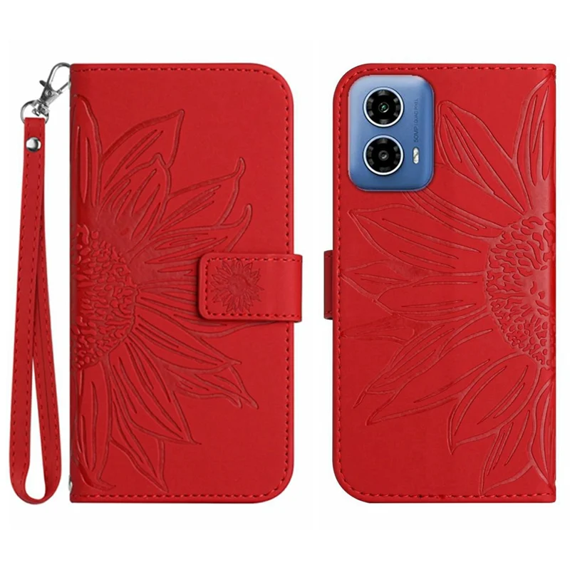 HT04 Pour Motorola Moto G35 5G Étui de Tournesol Imprimez en Cuir Portefeuille Couvercle Avec Bracelet de Poignet - Rouge