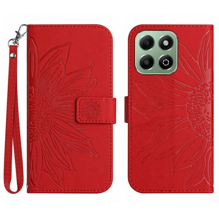 HT04 Pour Honor 200 Smart 5G Boîtier Sunflower Imprint en Cuir Portefeuille Couvercle de Téléphone Avec Bracelet de Poignet - Rouge