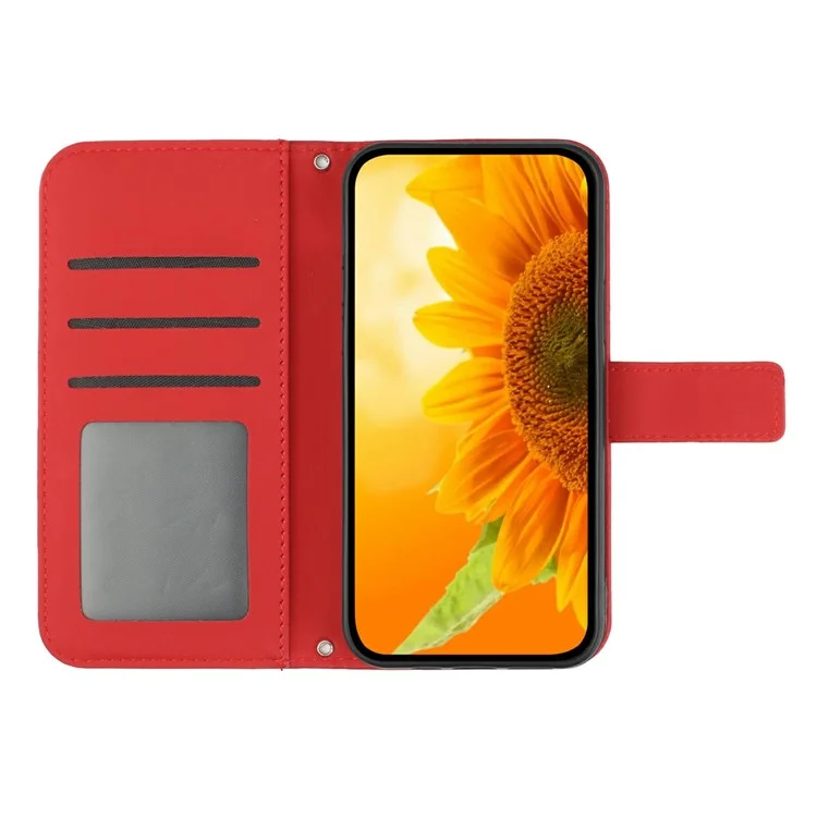 HT04 Pour Honor 200 Smart 5G Boîtier Sunflower Imprint en Cuir Portefeuille Couvercle de Téléphone Avec Bracelet de Poignet - Rouge