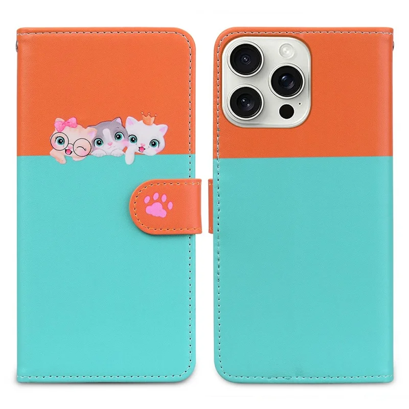 Série de Animais de Estimação de Desenhos Animados Para Iphone 16 Pro Max Wallet Case Splicing Splicing Leather Flip - Azul -celeste