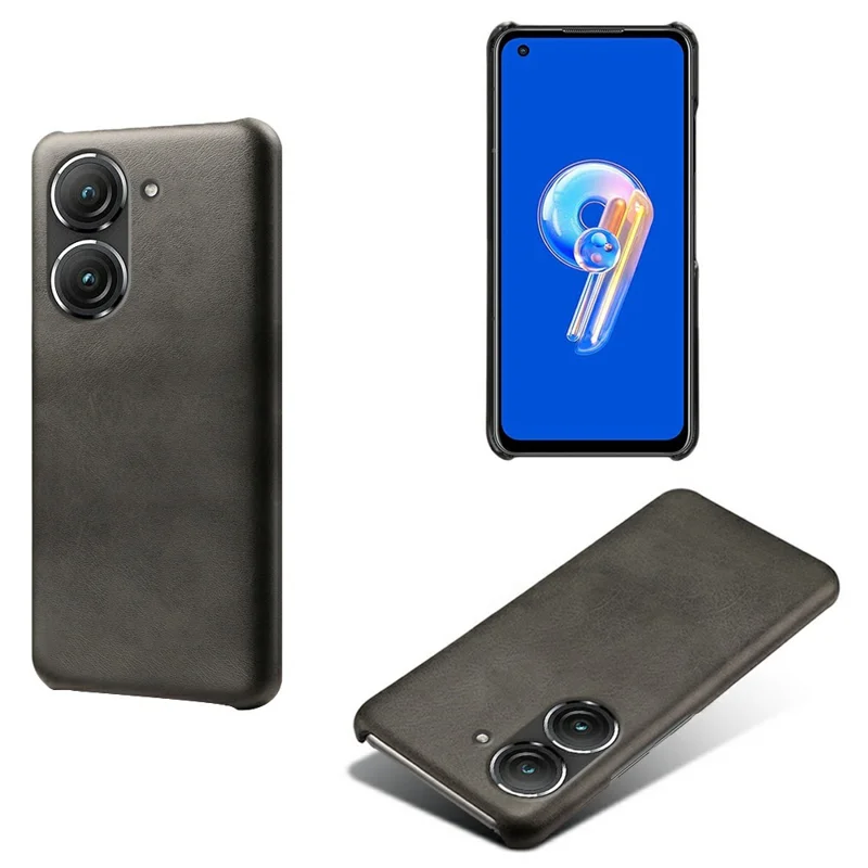 For Asus Zenfone 9 5G Calf Texture PU Leather Coated Hard PC Case Shockproof Protective Phone Cover - Black