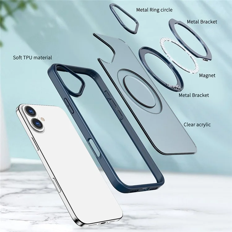 Pour Iphone 16 Plus Case Rotation Magnetic Kickstand Acrylique + Tpu Tapo-shocop Phone Cover - Bleu