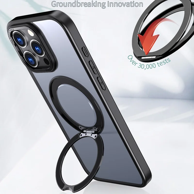 For iPhone 16 Pro Max Case Rotating Magnetic Kickstand Acrylic+TPU Shockproof Phone Cover - Black