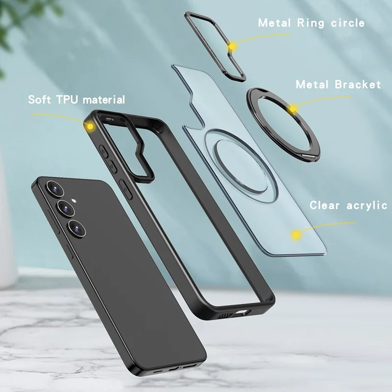 Voor Samsung Galaxy S24+ Hoesje Draaibare Magnetische Standring Acryl+TPU Stootvaste Telefoonhoes - Zwart