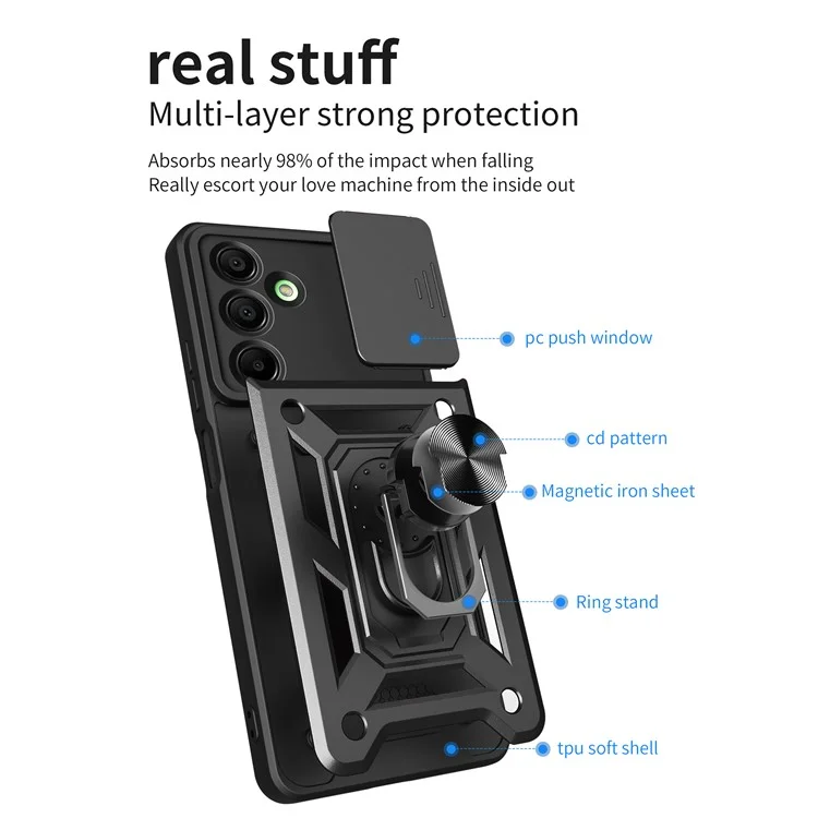 Para Samsung Galaxy A16 5G / A16 4G Capa com Tampa Deslizante da Câmera PC+TPU Suporte de Apoio para Telefone - Preto