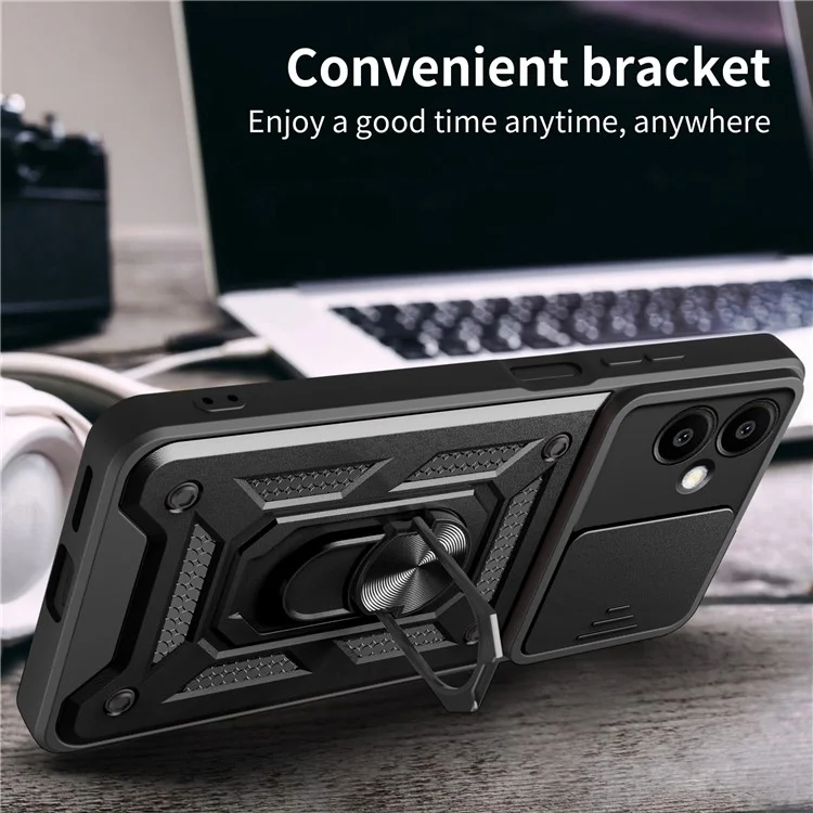 Para Capa Samsung Galaxy A06 com Tampa Deslizante da Câmera PC+TPU com Suporte - Preto