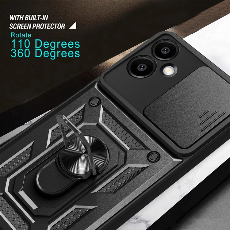 Para Capa Samsung Galaxy A06 com Tampa Deslizante da Câmera PC+TPU com Suporte - Preto