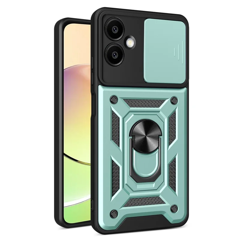 For Samsung Galaxy A06 4G Case with Slide Camera Lid PC+TPU Kickstand Phone Cover - Green