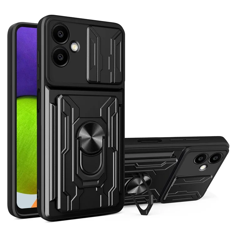 For Samsung Galaxy A06 4G Case PC+TPU Kickstand Phone Back Cover with Camera Slider - Black