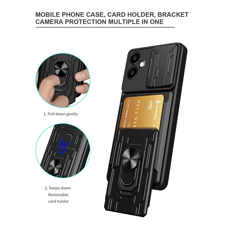 For Samsung Galaxy A06 4G Case PC+TPU Kickstand Phone Back Cover with Camera Slider - Black