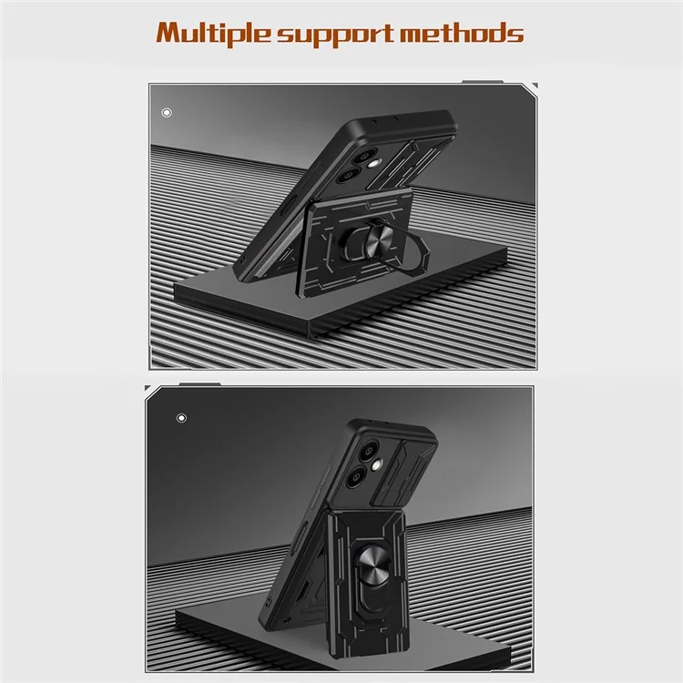 For Samsung Galaxy A06 4G Case PC+TPU Kickstand Phone Back Cover with Camera Slider - Black