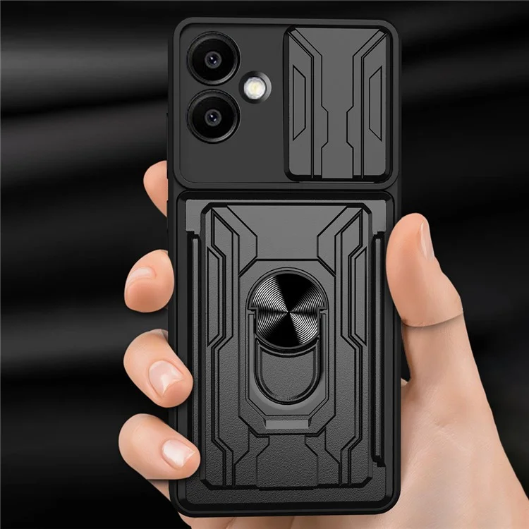 For Samsung Galaxy A06 4G Case PC+TPU Kickstand Phone Back Cover with Camera Slider - Black